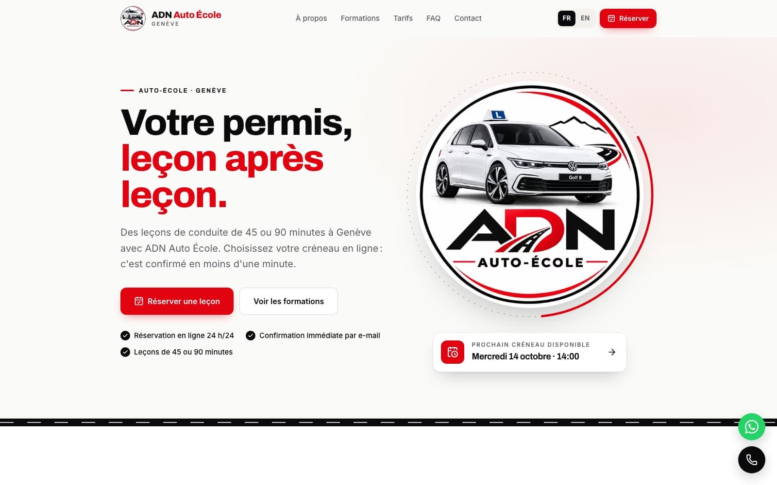 Startseite der Website von ADN Auto École in Genf